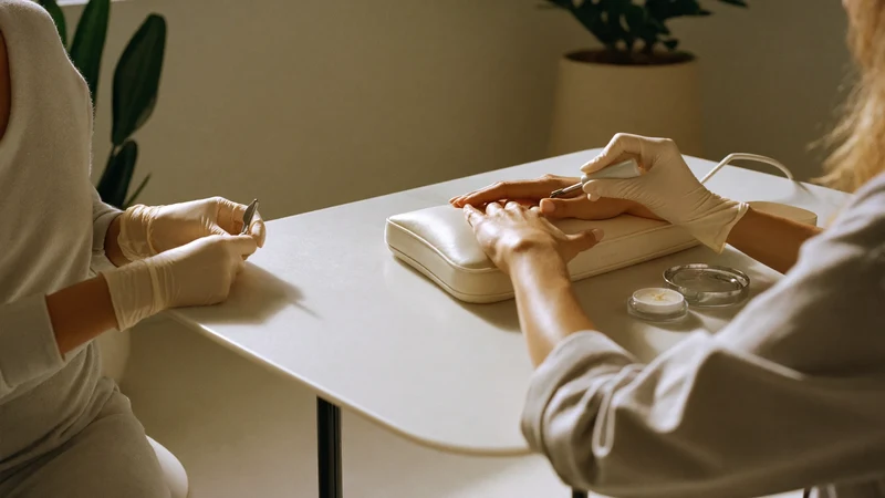 Illustration: helles Nagelstudio mit Maniküretisch und Handauflage im Tageslicht