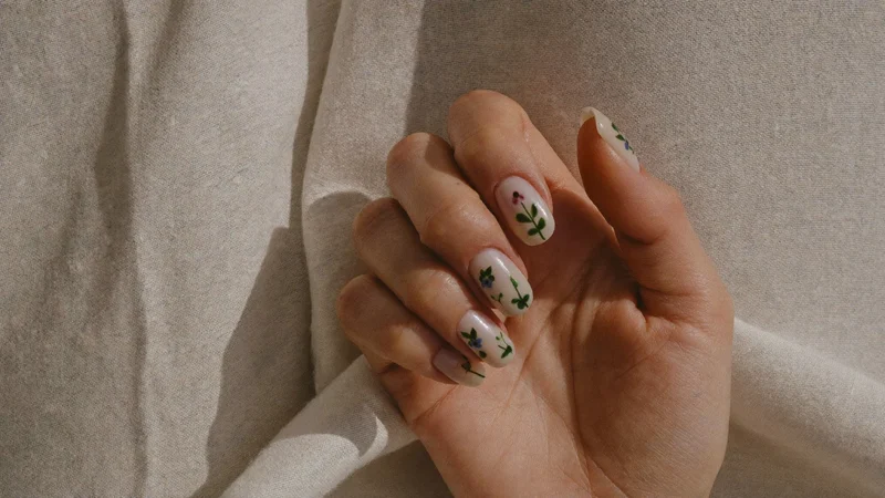 Illustration: Gelnägel mit feiner, handgemalter Blumen-Nail-Art auf Leinentuch
