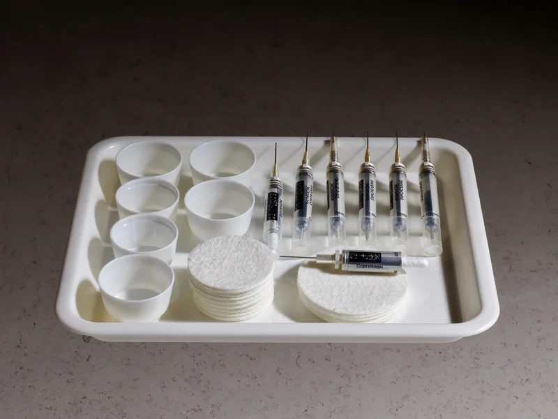 Illustration: neutrale Pigmentschälchen, sterile Einwegnadeln und Wattepads auf weißem Tablett